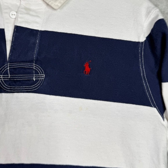 Polo Ralph Lauren Rugby Shirt Mens XXL White Navy Stripe Long Sleeve Polo Pony - Picture 2 of 8